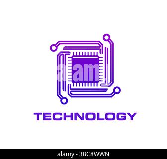 Computer chip icon, ai technology symbol. Vector purple emblem of a microchip circuit represents futuristic innovation, computing and digital advancements for tech companies and IT science branding Stock Vector