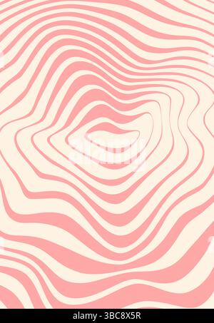 Retro psychedelic pink wave groovy pattern or background. Wavy line hippie vintage vector print, distorted spiral groovy texture. Psychedelic y2k pattern or trippy funky retro wallpaper background Stock Vector
