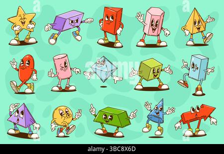 Groovy math geometric figure characters. Cute psychedelic shapes vector personages of cartoon groovy cube, cylinder, pyramid and sphere, arrow, star and heart. Funny geometry and maths characters Stock Vector
