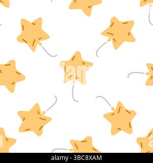 Repeating pattern of yellow star-shaped balloons with strings on white background in playful cartoon style Stock Vector