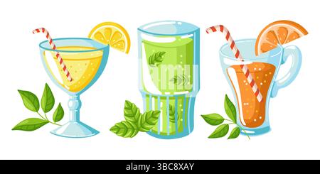Set of Three Summer Drinks, Flat Cartoon style Stock Vector