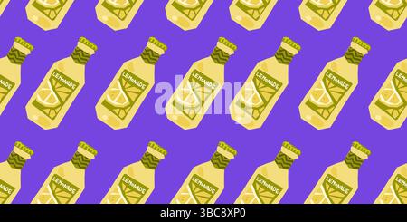Yellow lemonade bottles with label in repeating seamless vector pattern on vibrant purple background Stock Vector