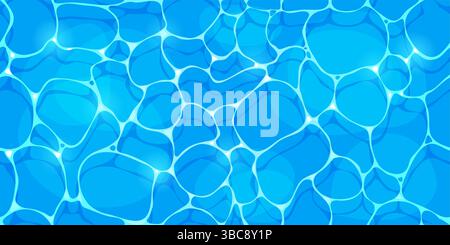 Cartoon swim pool water seamless pattern summer sea wave ripple background. Blue abstract surface with bright light reflections. Vector curved liquid shapes forming grid of pool ripple textures Stock Vector
