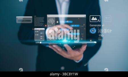 A businessman holding a tablet with floating AI interfaces, Symbolizing futuristic technology data, Digital communication online, and artificial intel Stock Photo
