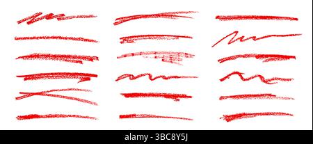 Underline red crayon, scribble stroke pencil lines. Vector set of red hand drawn crayon underline marks and strokes with rough textured sketchy lines, artistic doodle decorations for highlighting text Stock Vector