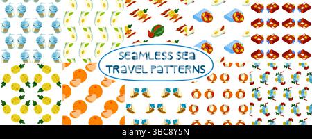 Collection of fun seamless patterns with sea travel elements, food, drinks, beach gear, boats, and fruits Stock Vector