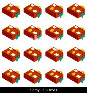 Repeat pattern of red travel suitcases with stickers and coins in playful style on white background Stock Vector
