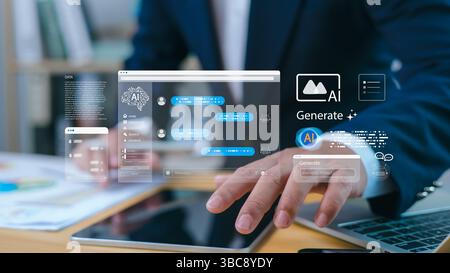 A businessman interacts with a futuristic digital interface over a tablet device, illustrating the concept of artificial intelligence (AI), virtual as Stock Photo