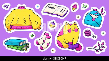 A set of glider stickers on a fall theme. Includes a cute cat, sweater, wool socks, peanut, books, ball of thread, envelope with a sprig. Painted in neon bright colors. Stock Vector