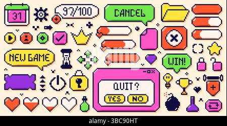 A large set of pixel game art 8 bit icons drawn in a bright neon color scheme. Speech bubbles, hearts, crown and many other elements. Stock Vector
