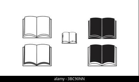 five Open Book Icon Set - Minimalist Black and White Book Illustrations 5 open books Stock Vector