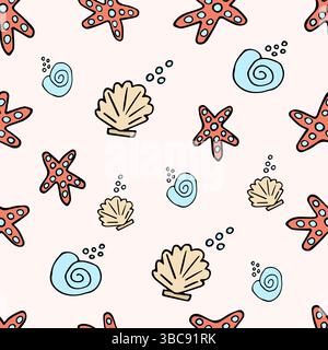 Seamless pattern with shells, fish, jellyfish on a light background, vector Stock Vector