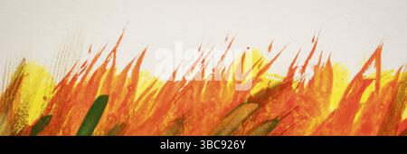 Red, orange, yellow, and green watercolor abstract background painted with wide vertical brush strokes on white art canvas (self made), panoramic bann Stock Photo