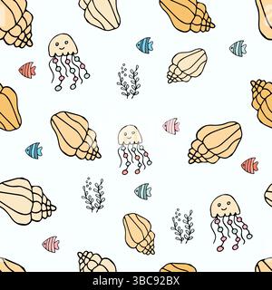 Seamless pattern with shells, fish, jellyfish on a light background, vector Stock Vector