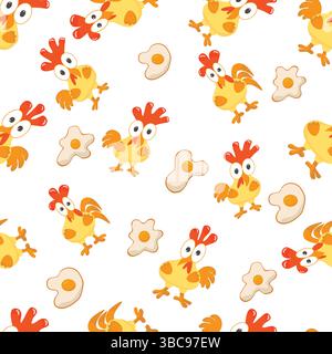 colorful hens and cockerels with fried eggs on a white background, seamless pattern Stock Vector