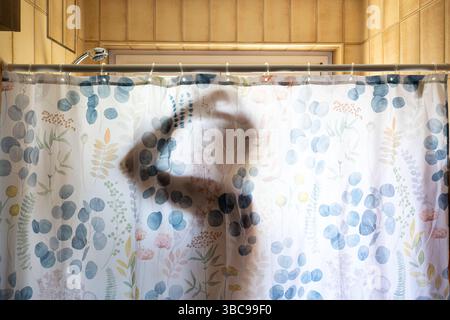 Unrecognizable man's silhouette taking a shower, seen through a shower ...