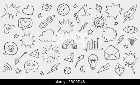 Outline doodles featuring hearts, stars, rockets, and lightning. Hand drawn and textured art style. Perfect vector illustration for creative projects Stock Vector