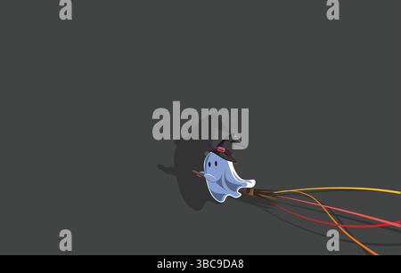 cute little ghost in white sheet, wearing a witch hat and using a flying broom stock illustration background Stock Vector