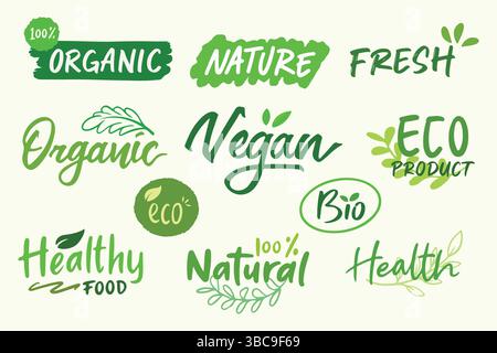 Handwritten Green Vegan and Organic Concept. Lettering Vector Label Template Design for Natural Business food, drink, product. Stock Vector