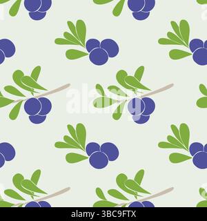 Blueberry pattern with branches, leaves and blue berries on light green background. Vector illustration Stock Vector