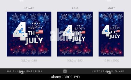 4th of July social media background set with fireworks. Includes Independence Day patriotic designs in square, vertical, and mobile story format. For Stock Vector