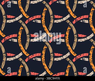 Colorful thick line interwined circles seamless pattern on dark background. Repeating black pattern. Stock Vector