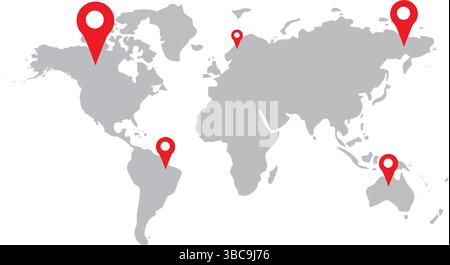 World Map Vector Illustration – Grey Global Map with Location Icons for Infographics and Business Use Stock Vector
