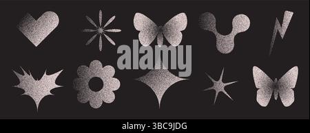 Geometric figures with grain noise gradient. Y2k retro stippling forms set. Butterfly, heart and star flower icons isolated on dark background. Vector Stock Vector