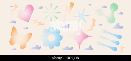 Geometric figures with grain noise gradient. Y2k retro stippling forms set. Butterfly, heart and star flower with clouds icons isolated on white backg Stock Vector