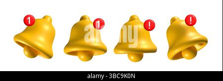 Set of four 3D yellow notification bell icons with red alert badges, isolated on a white background. Shiny metallic bells with number and exclamation Stock Vector