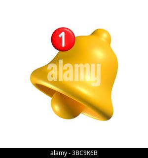 3D yellow notification bell icon with a red badge displaying the number one, isolated on a white background. Shiny metallic ringing bell symbolizing Stock Vector