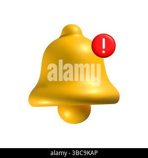 3D yellow notification bell icon with a red badge displaying the number one, isolated on a white background. Shiny metallic ringing bell symbolizing Stock Vector