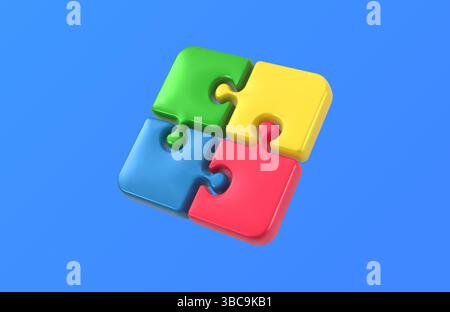 Colorful 3D puzzle pieces in green, yellow, blue, and red connected at an angle on a vibrant blue background. Glossy jigsaw pieces symbolizing Stock Vector