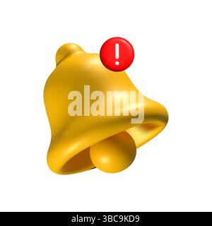 3D yellow notification bell icon with a red badge displaying the number one, isolated on a white background. Shiny metallic ringing bell symbolizing Stock Vector