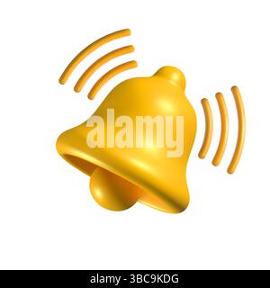 3D yellow ringing bell icon with sound waves, isolated on a white ...