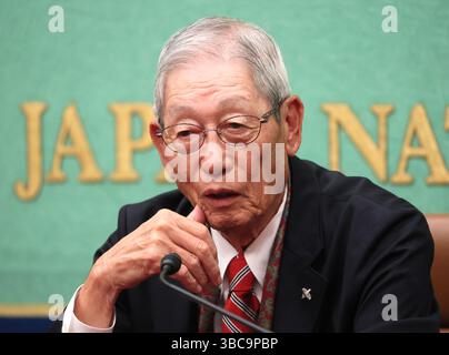 Tokyo, Japan. 19th May, 2025. Former Japanese professional baseball team Chunichi Dragons pitcher Hiroshi Gondo, 86, speaks at the Japan National Press Club in Tokyo on Monday, May 19, 2025. Gondo marked 35-19 in his rookie year in 1961 and won the Sawamura award. Gondo managed several professional baseball teams and who guided the Yokohama BayStars to Japan Series champion in 1998. (photo by Yoshio Tsunoda/AFLO) Stock Photo