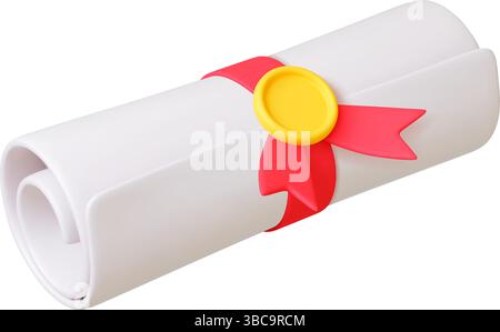 Graduation degree 3d icon. Paper roll with red ribbon and seal. Isolated diploma or certificate of academic education. College or university graduated Stock Vector