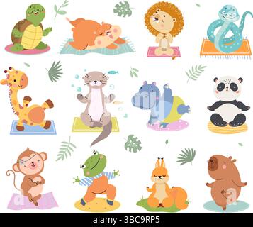 Animal yoga. Cartoon animals doing pilates training, stretching and meditation. Keep calm workout, sport turtle hippo giraffe panda, nowaday vector Stock Vector