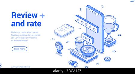 Review rate customer feedback experience rating smartphone app web banner isometric vector illustration. Clients choosing satisfaction leaving reviews Stock Vector