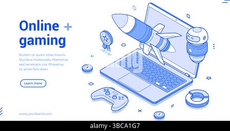 Online gaming esport cyberspace virtual video game isometric web banner vector illustration. Internet digital technology entertainment laptop gamepad Stock Vector