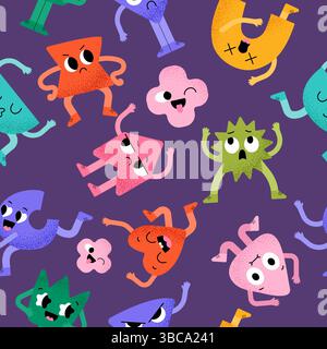 Funny emoticon pattern. geometric shapes characters with cute faces. vector seamless background Stock Vector