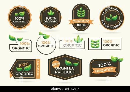 100 Percent Organic Label Vector Set. Gradient Leaf Logo Concept. Stock Vector