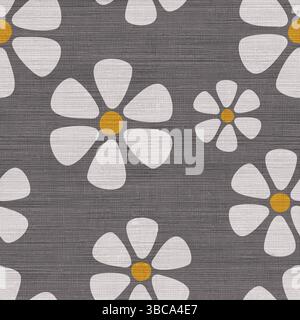 A seamless retro-inspired floral pattern featuring bold plum-colored daisy flowers with cream centers on a textured taupe linen background. Stock Vector