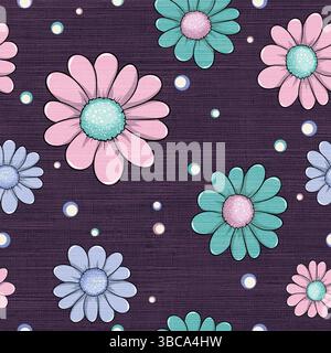 Seamless pattern of hand-drawn  daisies with textured centers linen background Stock Vector