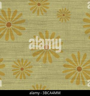 Seamless pattern of hand-drawn  daisies with textured centers linen background Stock Vector