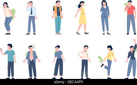 Bad smell people. Stinky smells from persons, bad breath, odor from armpits, character farts and fouls air. Increased sweating, recent vector set Stock Vector
