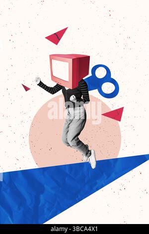 Template sketch trend artwork 3D photo collage of computer monitor head body woman fly mechenical key vacancy worker business recruitment Stock Photo