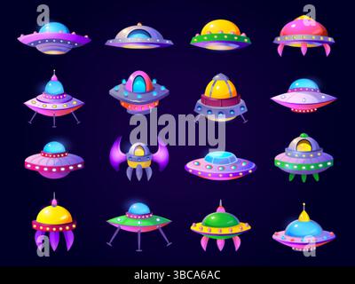 Alien spaceships. Cartoon ufo starship, game space ships futuristic design space craft ship galaxy sky cosmic shuttle flying saucer spacecraft rocket, swanky vector illustration original artwork Stock Vector