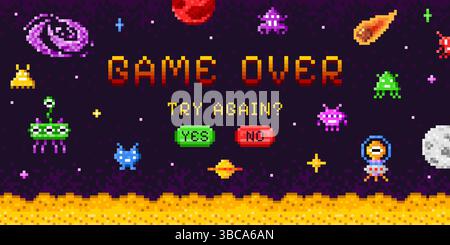Space game over screen. Retro arcade videogame pixel background, vintage computer gaming console machine display pixelated interface gamer 8 bit machine swanky vector illustration original artwork Stock Vector
