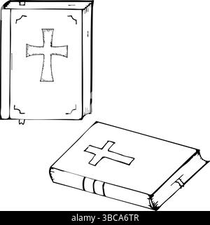 Religious theme first communion design with illustrated holy Bible. Black outlines, white background. Graphic art. Set of two Bibles with cross. For Stock Vector